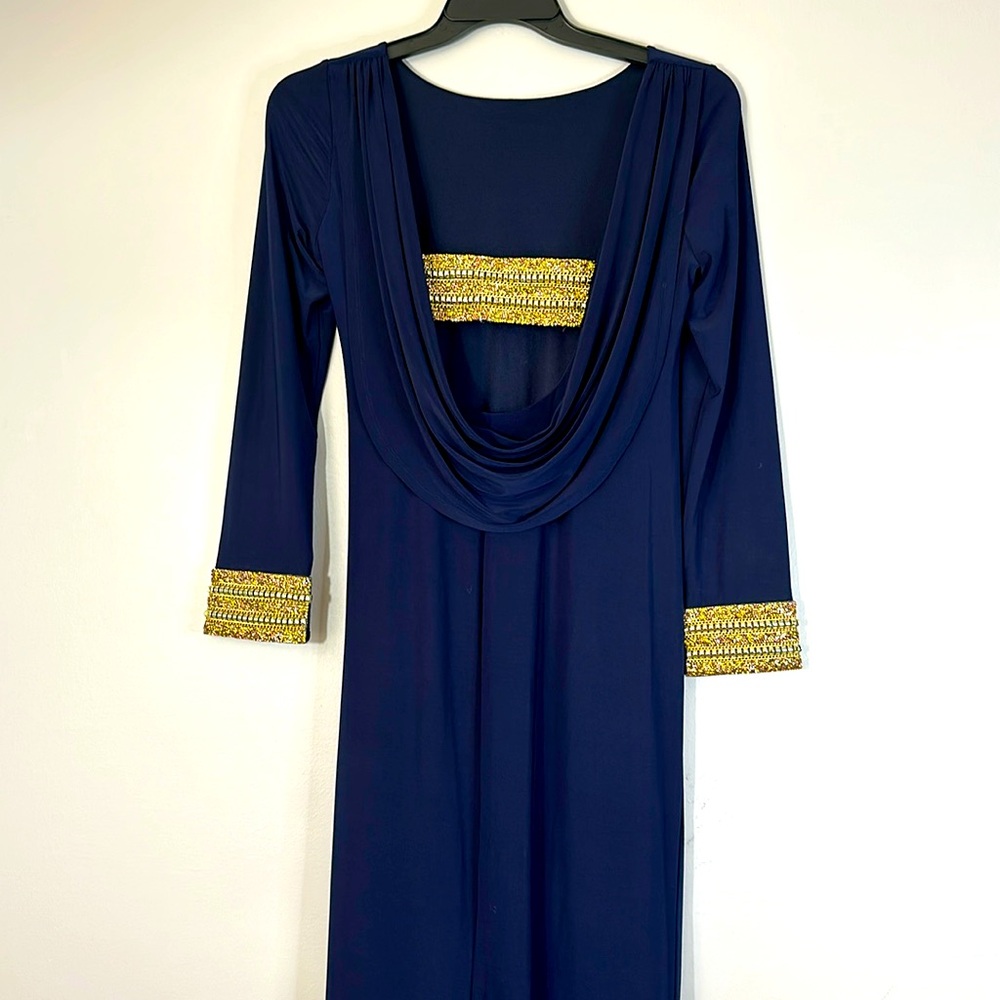 Marina formal Blue Navy Colored Jeweled Cuffed Cocktail Dress Maxi size S